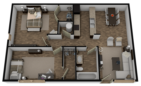 A 3D rendered image of a house layout.